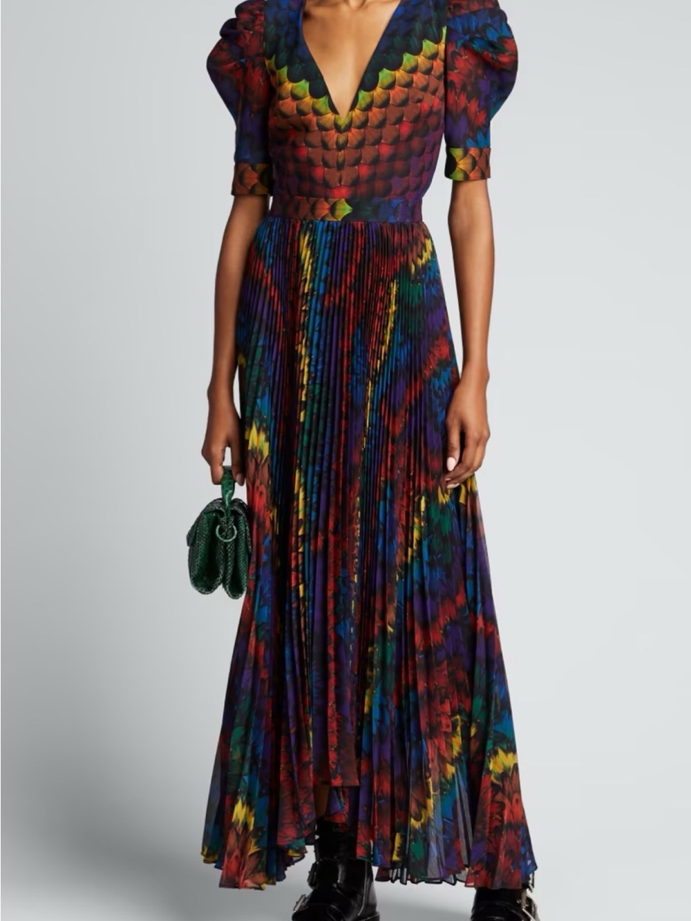 Alice + Olivia Haven Peacock Chiffon Pleated Ruffled Feather Multi Gown